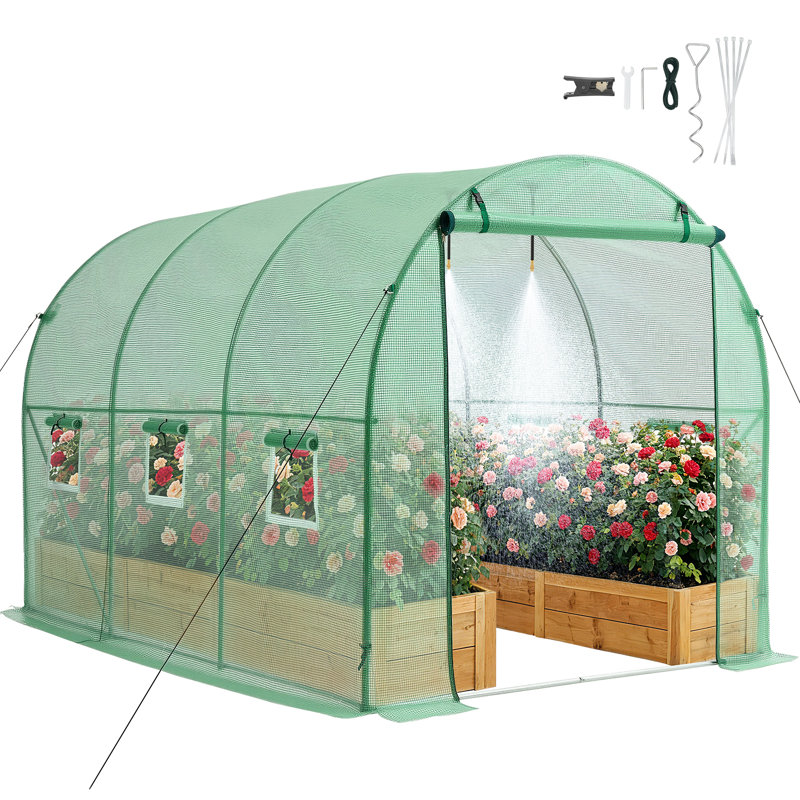 Walk-in Tunnel Greenhouse, 10 x 7 x 7 ft Hoop House Greenhouse Tunnel with Watering System, Plant Hot House with Steel Frame, PE Cover, Roll-Up Zipper Door and 6 Windows for Outdoors, Green