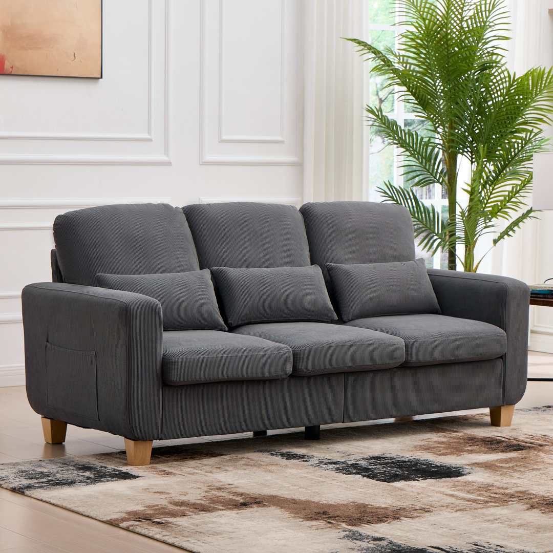 3-Seater Corduroy Sofa with 2 Throw Pillows, Deep-Seated Upholstered Couch with Square Arms, Cosy Living Room Furniture