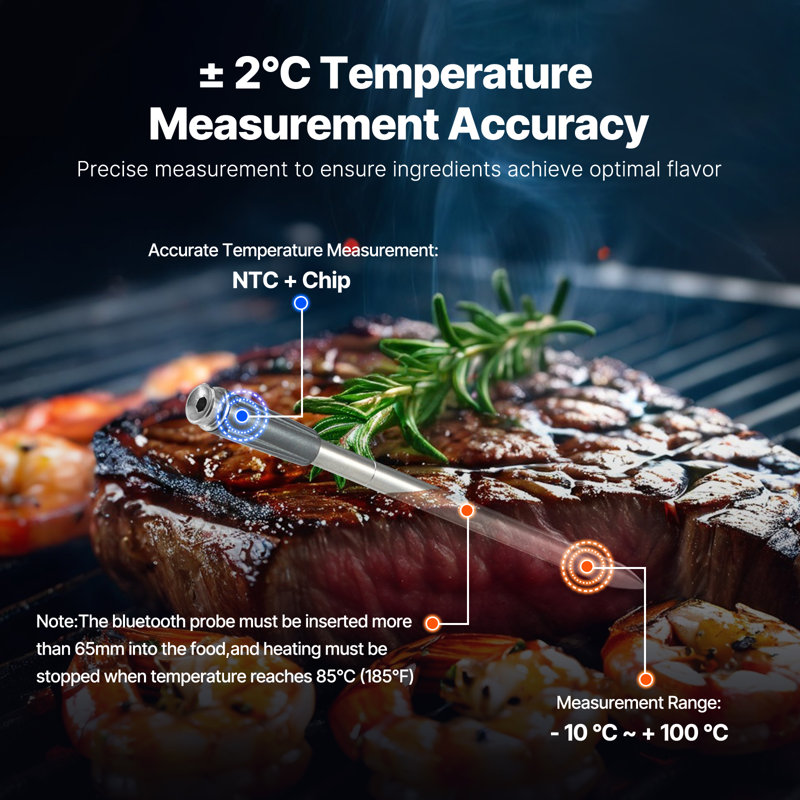 Wireless Meat Thermometer, 500 ft Range Wireless Bluetooth Meat Thermometer, Digital Cooking Food Meat Thermometer, Waterproof Smart Meat Probe with One Probe, Smoker, BBQ & Oven