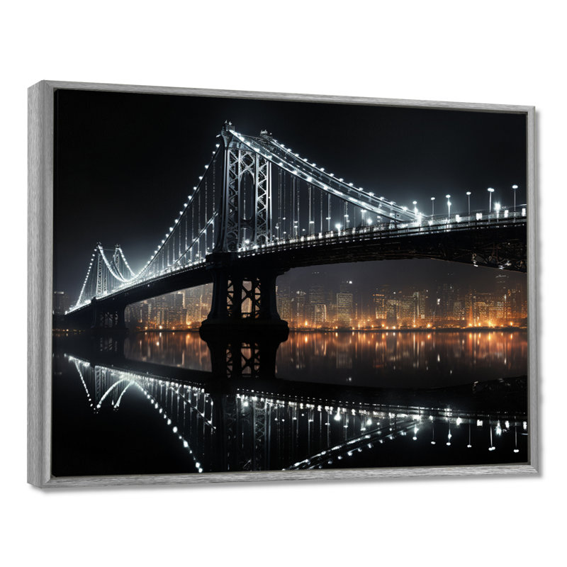 Pont noir de lumière - Ponts, art mural, H 34 po x l 44 po x P 1,5 po, Encadrement argenté