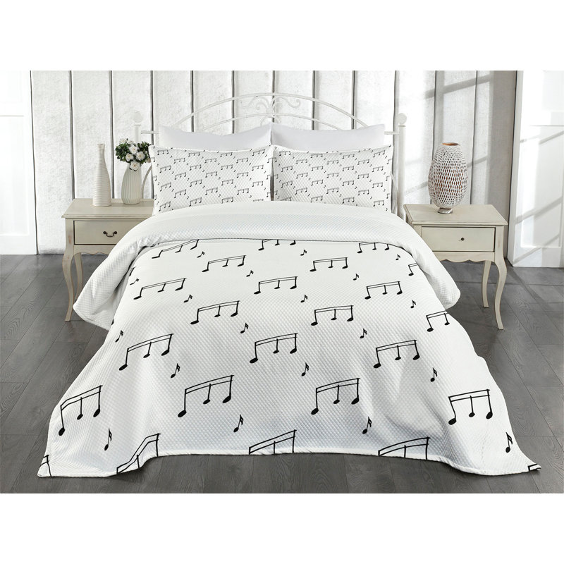 White Quilted Queen Bedspread Set with Musical Notes