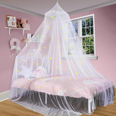 Bed Canopy For Girls With Glowing Stars, Princess Canopy Bed Curtains, Starry Net Canopy For Girls Room Decor, Canopy For Single, Twin, Full, Queen Size Bed