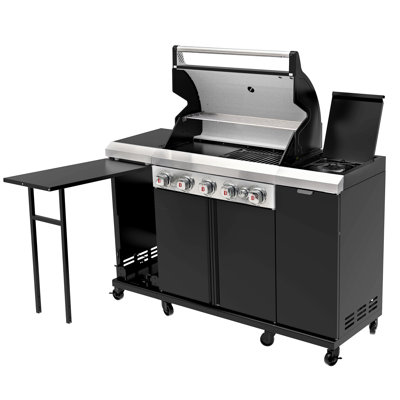 Flintex 5-Burner Propane Gas Grill Island with Side Burner, 52,000 BTU, 693 Sq. In. Cast Iron Grates & Griddle, Natural Gas Convertible, Outdoor Kitchen Station with Prep Table & Storage, Black