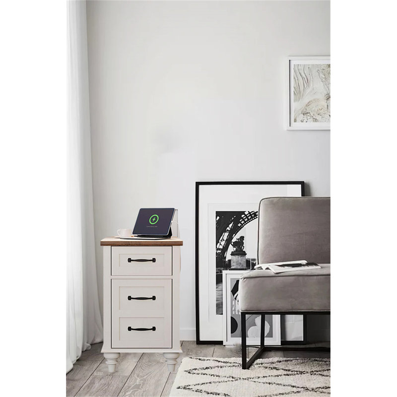 Modern Nightstand With Charging Station & Open Shelf, Off White