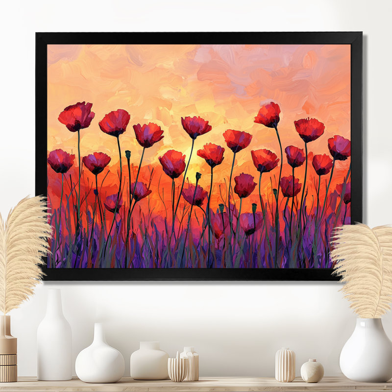 Décoration murale coucher de soleil coquelicots champ I - coquelicots, H 12 po x l 20 po, Noir