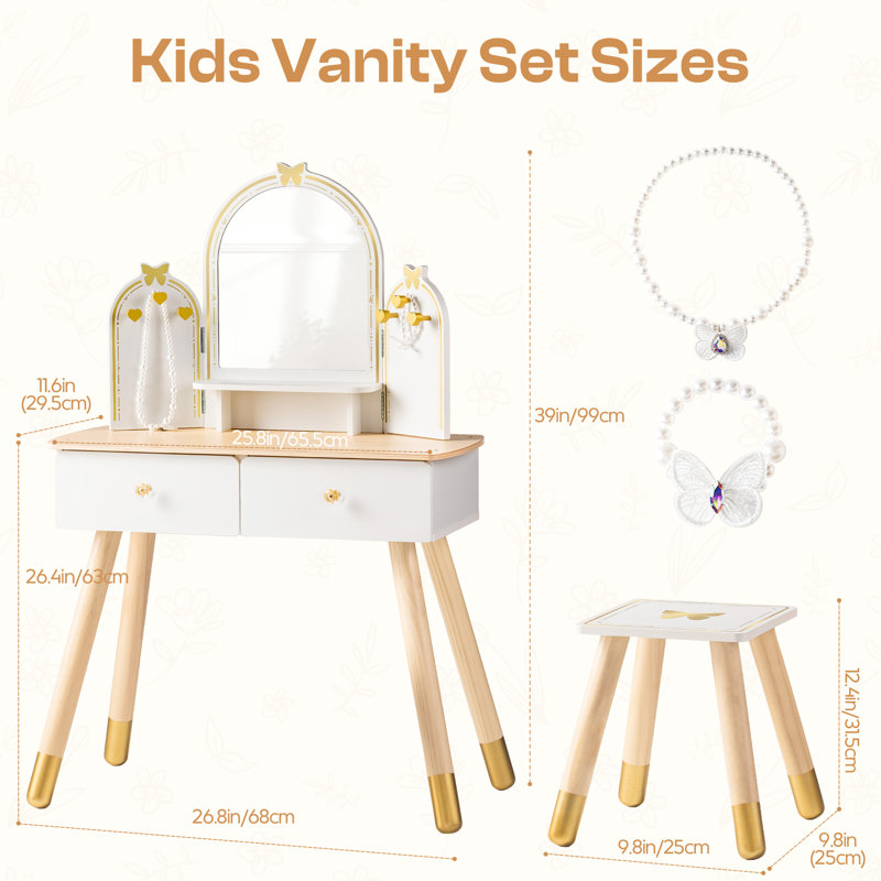 Kids Butterfly 2-pc Makeup Vanity Table & Stool, White