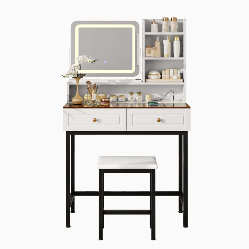 LED Lighted Makeup Vanity with 360° Rotatable Mirror, Vanity Desk with 2 Drawers, Power Outlet & 3-Tier Shelves, Amber Glass Top, White Metal Leg & Stool
