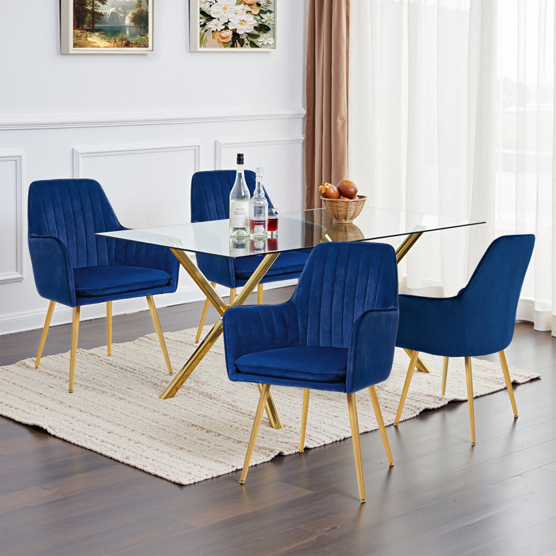 Set Of 2 Mid-century Modern Blue Velvet Upholstered Dining Armchairs With Gold Metal Legs, Tufted Accent Chairs With Arms For Kitchen, Living & Dining Room