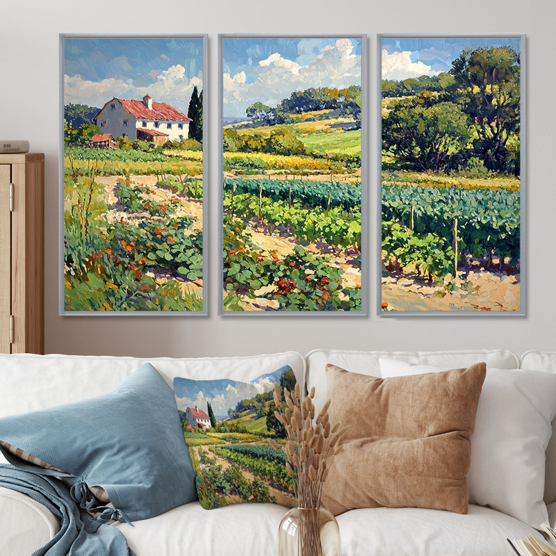«Green and Yellow Landscape Farm Fresh II - Farmhouse», ensemble d'art mural, Toile argentée avec cadre flottant