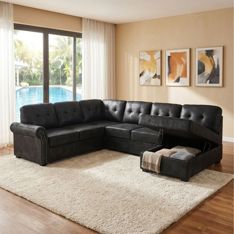 Canapé-lit modulaire en U en similicuir avec lit escamotable et méridienne de rangement, canapé convertible noir