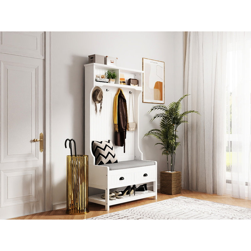 31 étagères à chaussures pour couloir, 2 tiroirs, 4 porte-manteaux et siège rembourré en bois