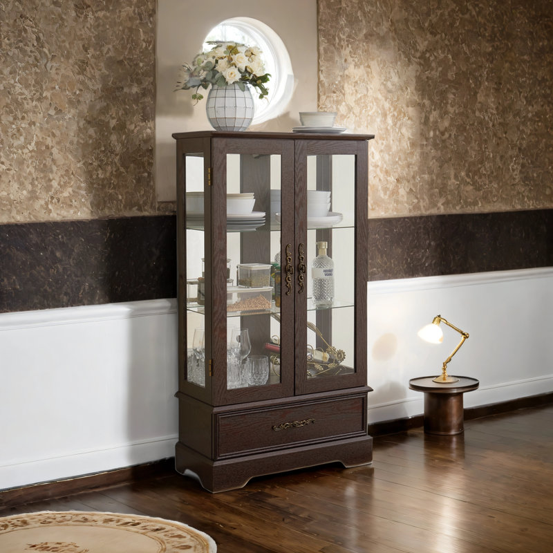 Vitrine vitrée éclairée avec tablettes réglables en verre 2 portes et 1 tiroir, Brun