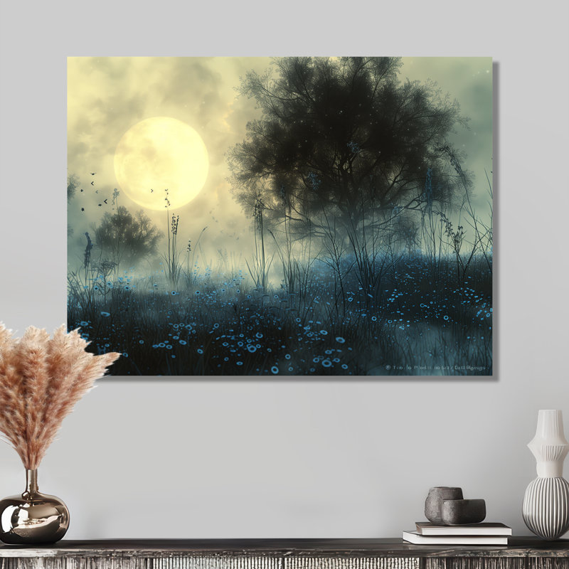 Hiver gris, arbre de lune blanc II - art mural fées, H 16 po x l 32 po x P 1 po, Métal métal