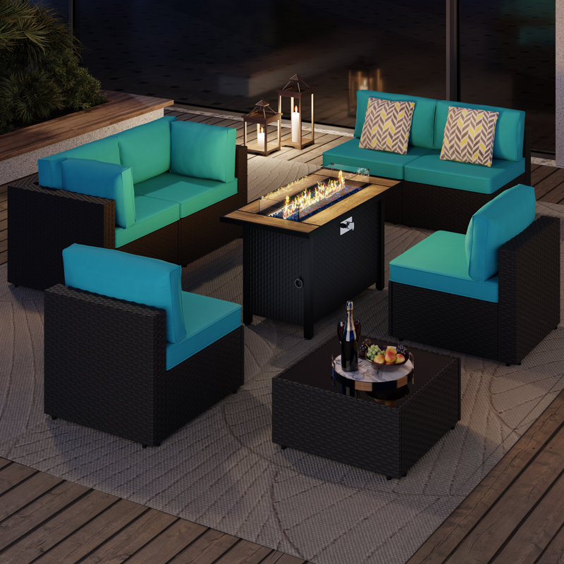 Ensemble de conversation modulaire en osier pour 8 personnes avec coussins et foyer d'extérieur, Bleu, Noir