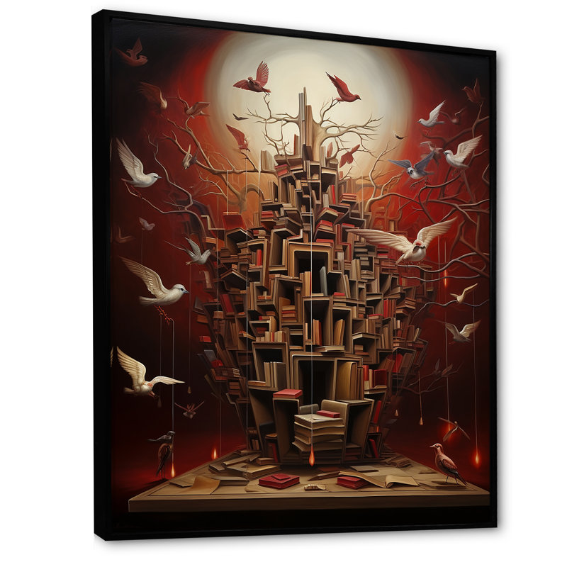 Bibliothèque The Minds, surréalisme sur toile, Cadre flottant noir, H 20 po x l 12 po x P 1 po