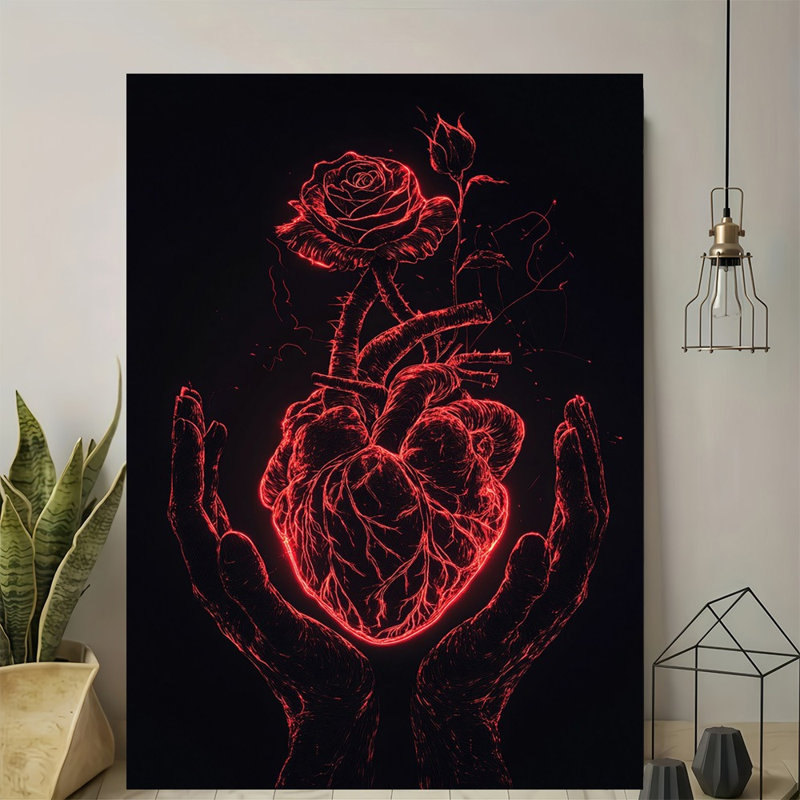 Reproduction sur toile Edgy Neon Red Anatomical Heart & Rose - Urban Studio, 12 * 8 pouces (30 * 20 * 2cm)