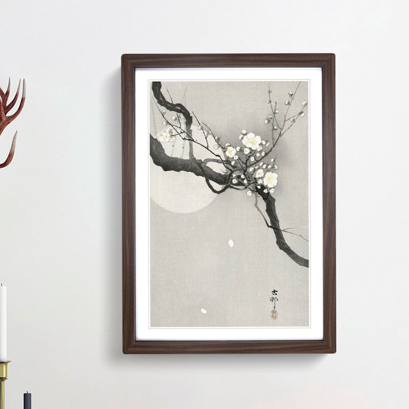 Plum Blossom & Full Moon by Ohara Koson - Framed Print, 48cm H x 36cm W x 2cm D, Walnut Framed