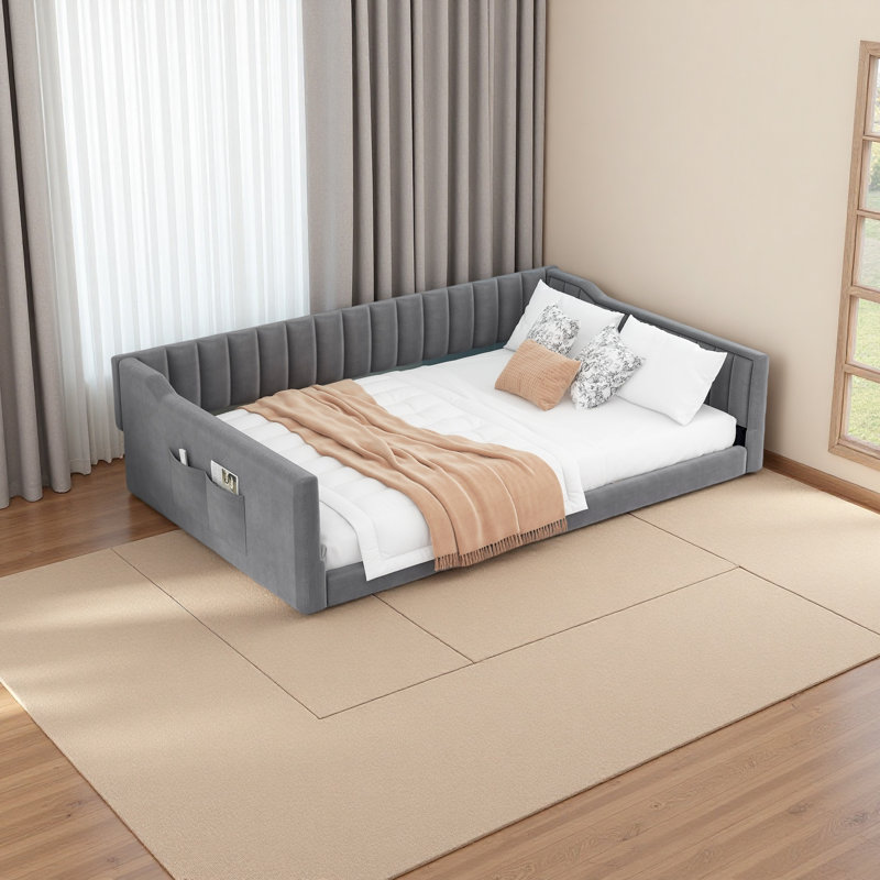 Upholstery Daybed And Side Storage Pocket, Gray, Full/Double