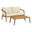 Ensemble de causeuse et table basse d'extérieur 2 pièces, structure en bois d'acacia avec dossier en osier PE, coussins résistants à l'eau, crème