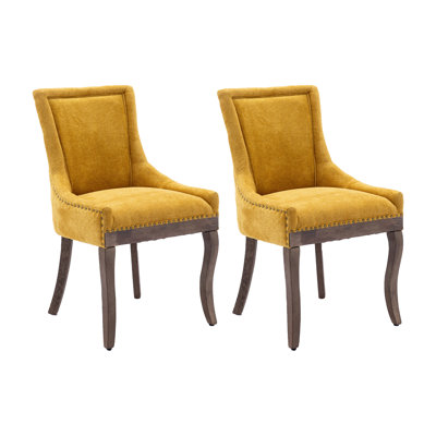 Ensemble de 2 chaises de salle à manger rembourrées, chaises de salle à manger en tissu, chaises de cuisine et de salle à manger, chaises de cuisine de ferme avec dossier haut, pieds en bois massif, garniture cloutée (jaune)