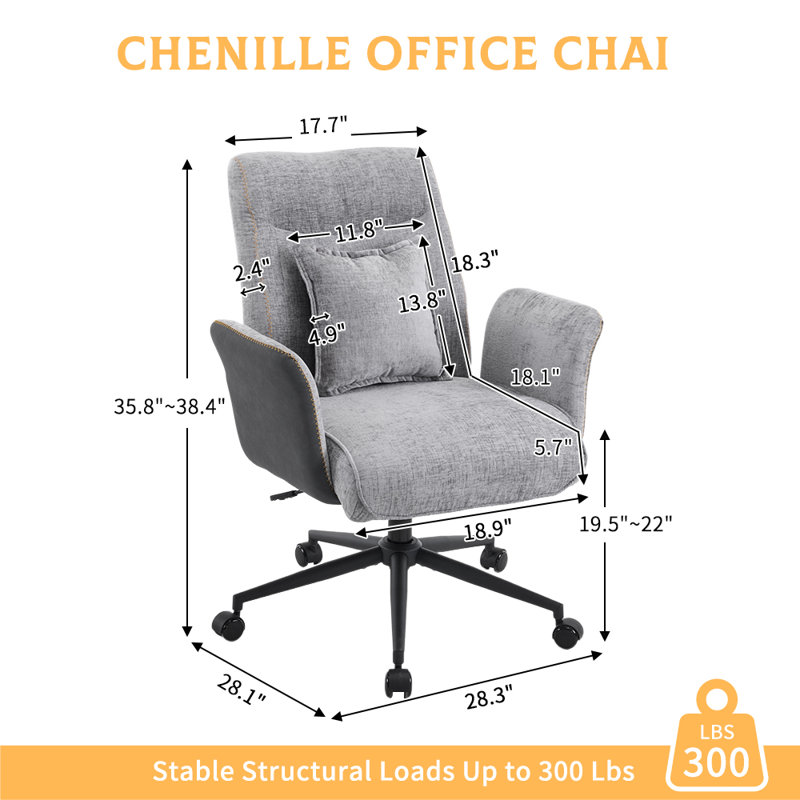 28.3” W Chenille Dovetail Swivel Office Chair With Wheels, Gray