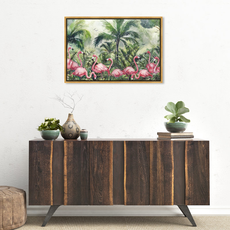 " Doll Memories - Flamingo Tropics " Painting Print, 20" H x 30" W, Gold Framed Canvas