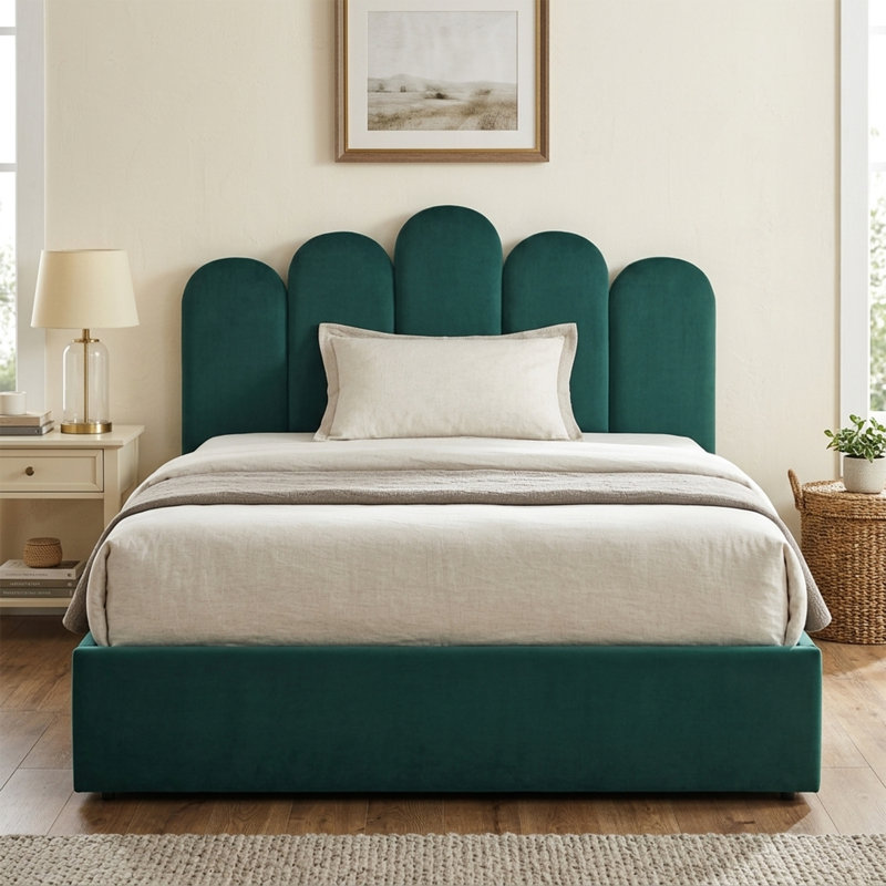 Chelsa Upholstered Hydraulic Storage Platform Bed with Velvet Palm Headboard, Queen, Green
