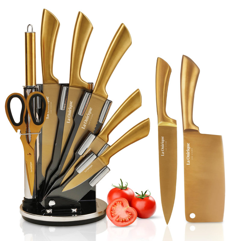 8 Pieces Gold Knife Set With Block Rod-Sharpener