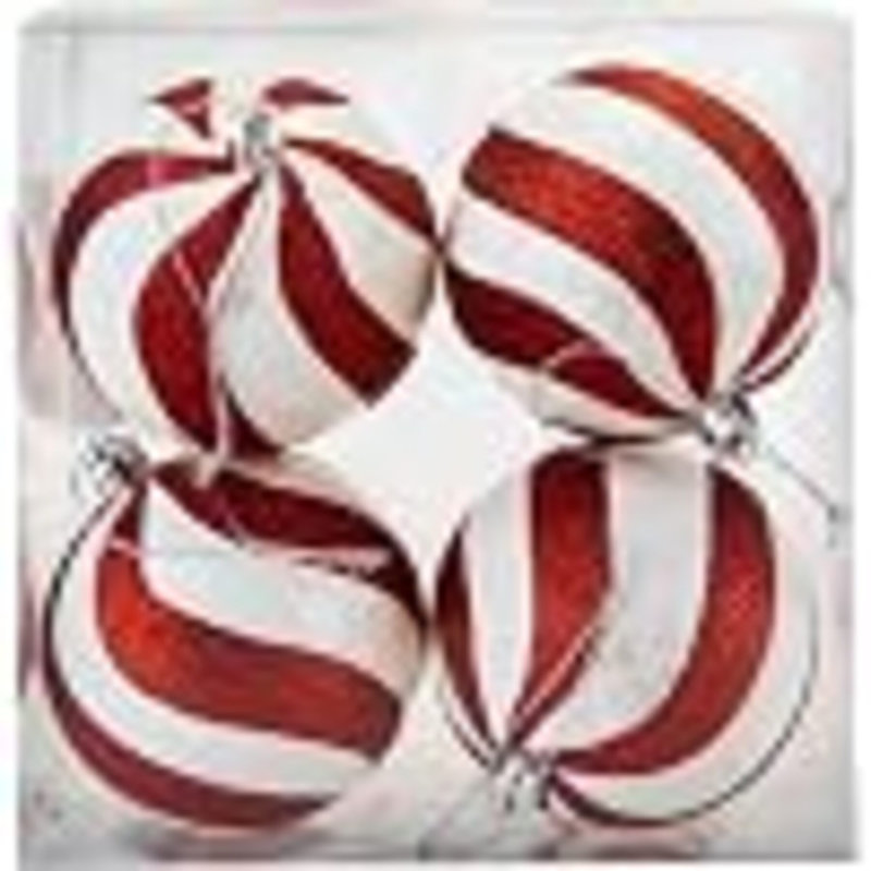 Christmas Baubles Set, 24 Pack Shatterproof Red and White Candy Stripe Tree Decorations, 5cm H x 5cm W x 5cm D