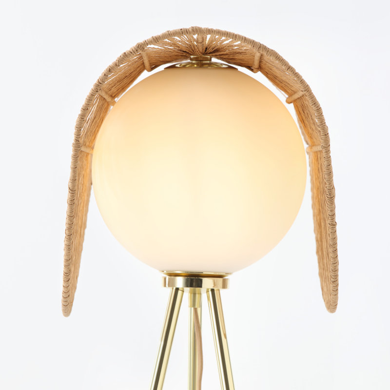 Adjustable Brass Tripod Floor Lamp with Rattan Shade