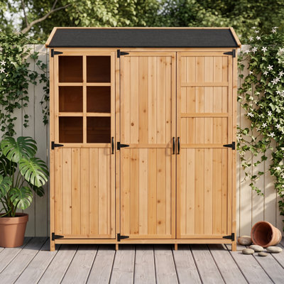 Remise de jardin d'extérieur en bois de sapin avec toit imperméable, 3 portes, tablettes réglables, 2 tiroirs, 6 crochets et poste de travail intérieur