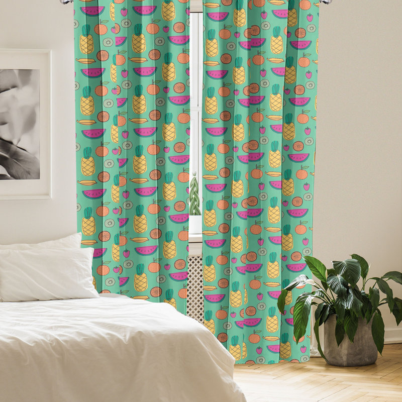 Rideaux à 4 panneaux East Urban Home Tropical, fruits d'été dessinés à la main, pêche foncé et rose vif, L 56 po x L 95 po