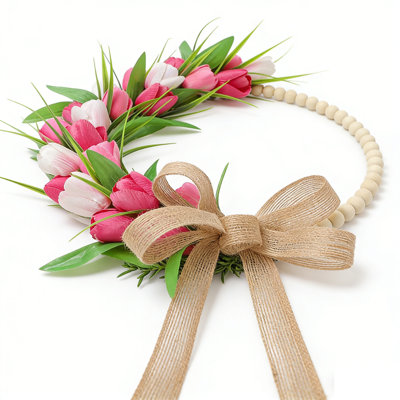 Couronne de printemps/été pour porte d'entrée, 35 cm, fleurs artificielles roses, pour la maison ou les fêtes de Pâques.