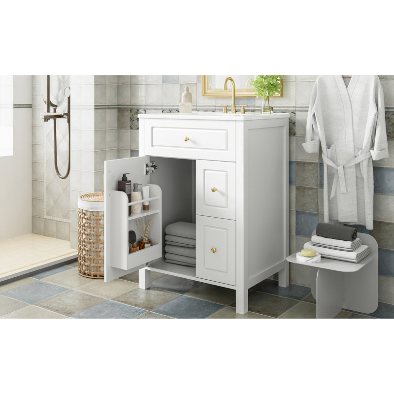 24 - Inch Bathroom Vanity Featuring Ceramic Sink, Soft Close Function, Smart Storage Compartments, And Construction With Double , Smooth For Easy Maintenance