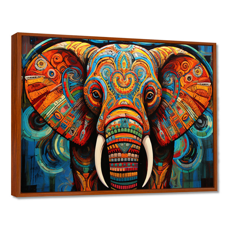 Elephant Tribal Majesty - Print on Canvas, 16" H x 32" W x 1" D, Brown Floater Framed