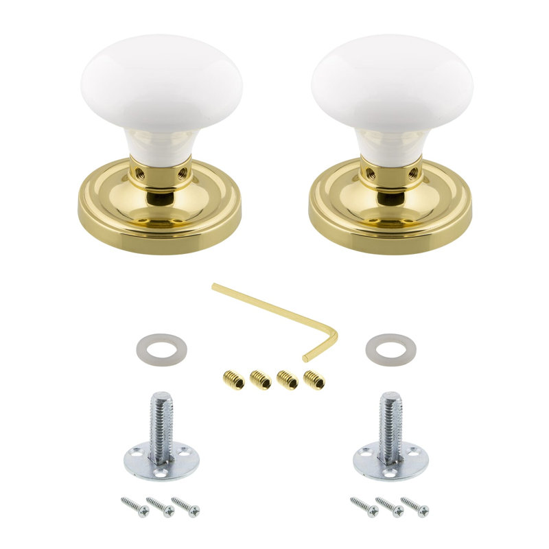 Classic Rosette with White Porcelain Door Knob, Polished Brass