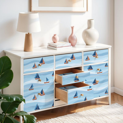 Papier peint auto-adhésif pour enfants, voilage nautique, voiles bleues, eau ondulée auto-adhésive et amovible 17,7 po x 118 po (45 x 300 cm)