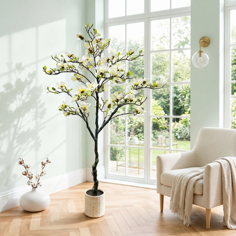 Arbre de magnolia artificiel en pot 6 pi avec fleurs réalistes, plante à fleurs artificielle pour la décoration intérieure et extérieure