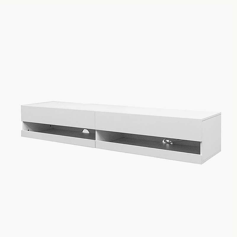 180-inch wall-mounted floating TV stand with 20-color LED lights and charging station, White