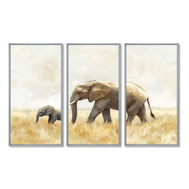 Éléphant avec son bébé en Afrique - Éléphant, art mural - ensemble de 3, H 28 po x l 36 po, Argent argent