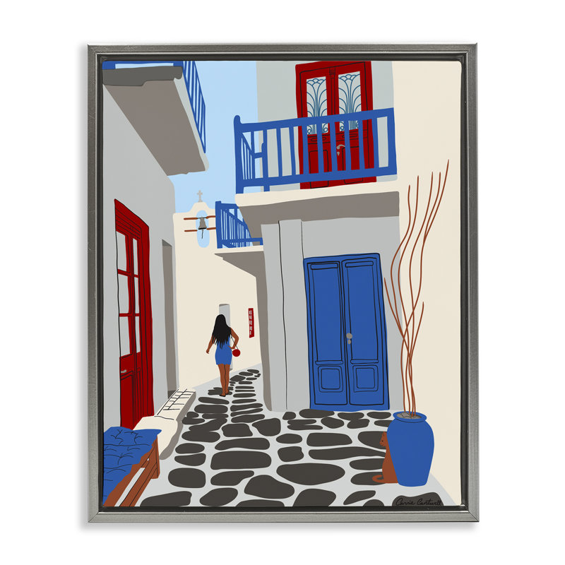 «Mykonos City Alley» par Carrie Cantwell, Cadre flottant gris lustré, H 21 po x l 17 po