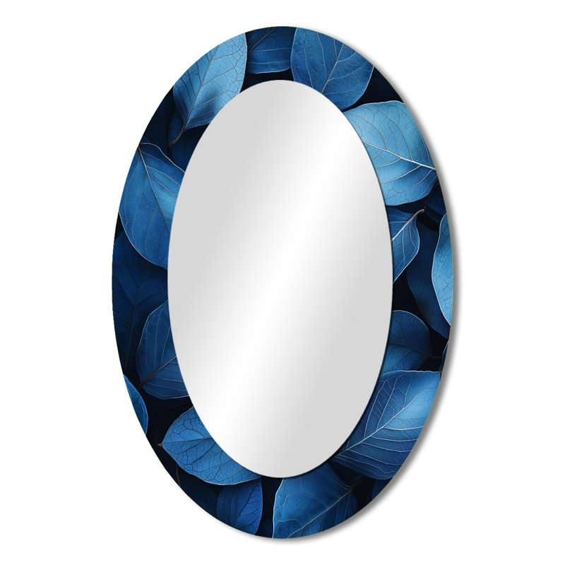 Midnight Blue Leaves Tranquility II - Floral Oval Decorative Mirror On Metal, 36" x 24"