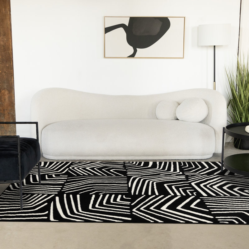 Manzelli Zebra Striped Blocked Black White Area Rug, Rectangle 7'9" x 10'6"
