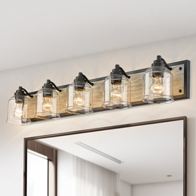50” W  5-Light Farmhouse Faux Wood Grain Vanity Light with Seeded Glass for Bathroom & Mirror