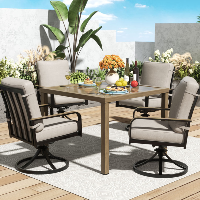 5 Piece Outdoor Dining Set Swivel Chairs With Faux Woodgrain Dining Table, Shale