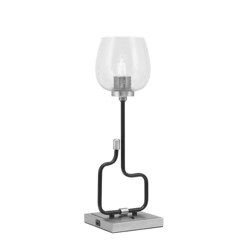 Lampe d'appoint Amarmula, avec ports USB, noir mat et finition graphite, verre transparent de 6 po, Clair, Argent argent