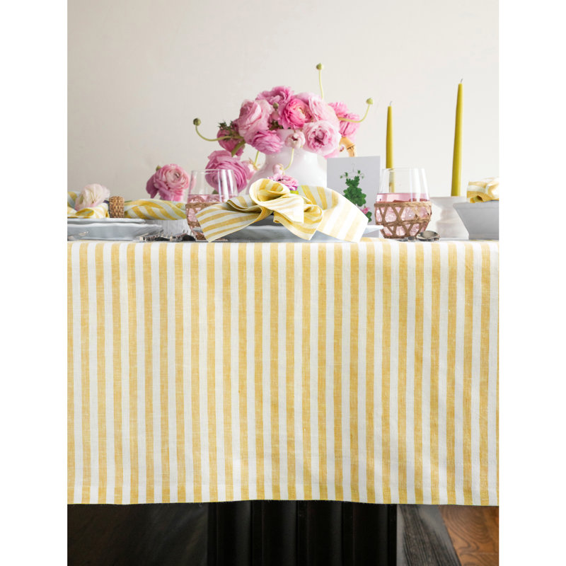 Primrose Yellow and White Linen Stripe Rectangular Tablecloth, 60 x 90 Inch