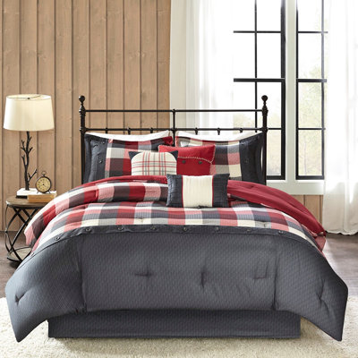 Édredon grand 7 pièces à chevrons - Red Buffalo Plaid 3 coussins décoratifs et jupe de lit rabattable de 15 po Tissu lavable à la machine