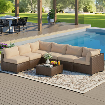 Outdoor 7-Piece Modular Rattan Patio Conversation Set with Cushions