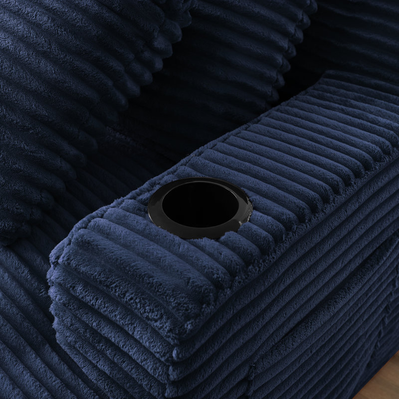Double méridienne compressible en velours côtelé 2 places avec rembourrage à ressorts et porte-gobelets pour le salon, Bleu
